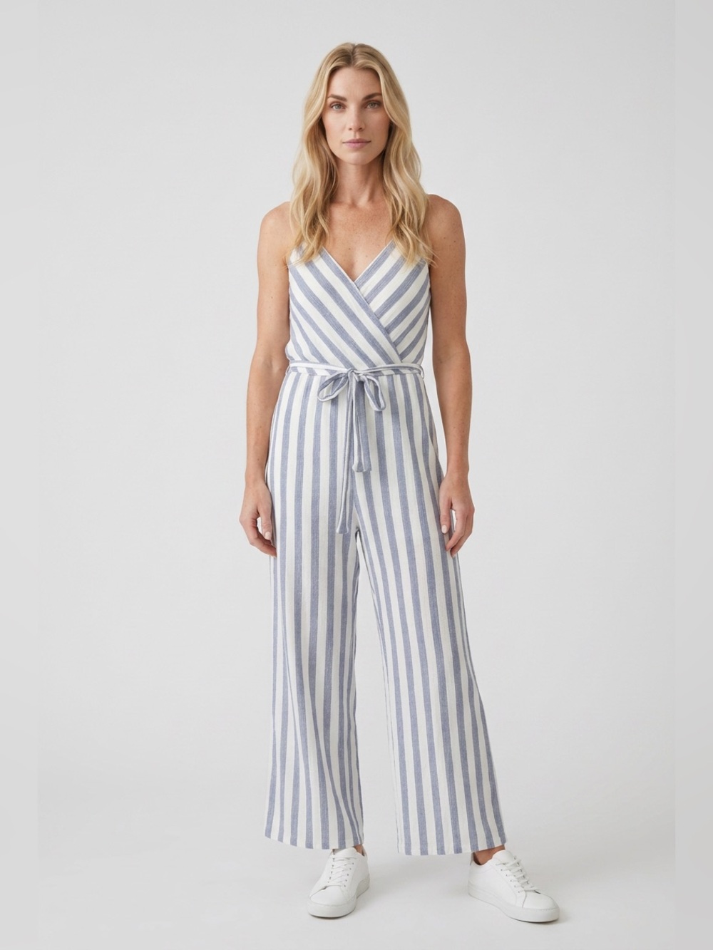 Striped Light Blue & White Sleeveless Jumpsuit
